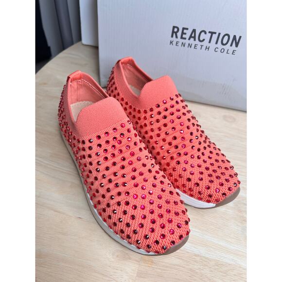 Kenneth Cole Reaction Rhinestone  Sneakers Coral  Pink Slip On NWB Size 6 - Picture 1 of 8